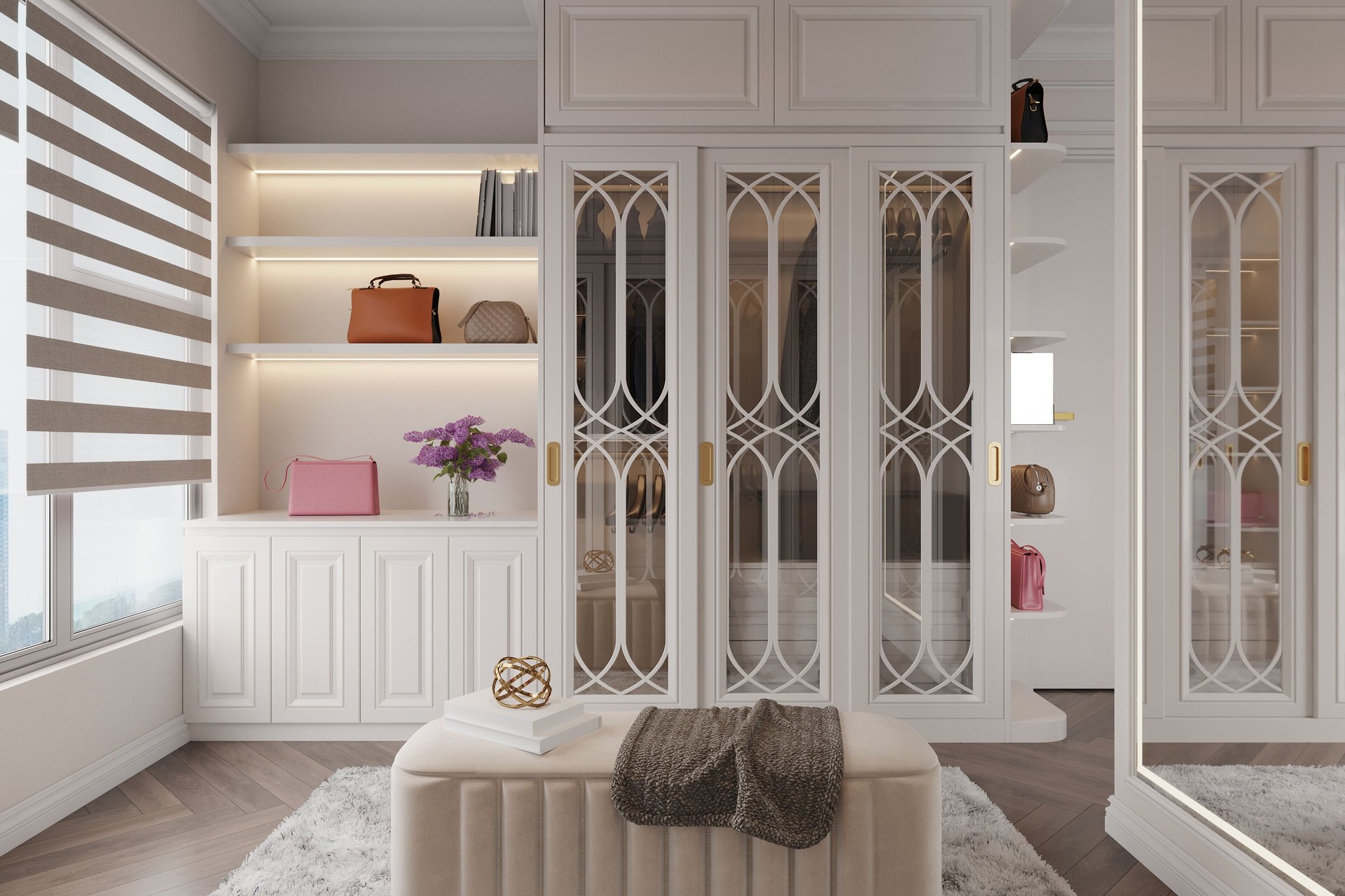 Modern luxury stylish white walk in closet feminine dressing room, minimal walk in wardrobe interior design